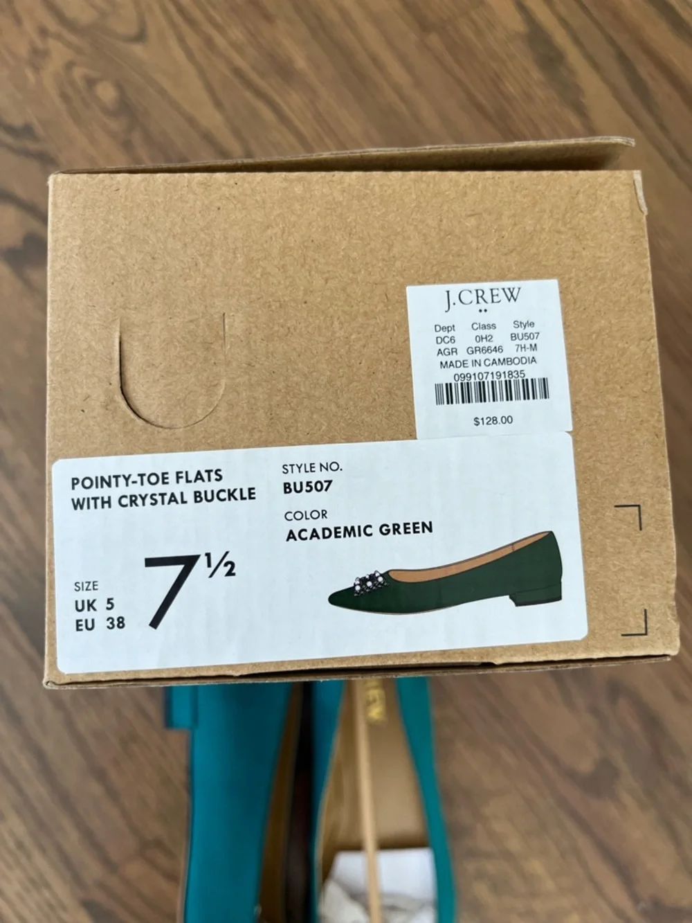 J. Crew Teal Satin Pointed Flats with Pearl-Embellished Buckle